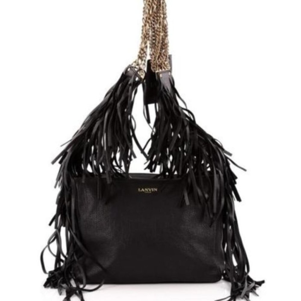 Lanvin Calfskin Tribal Fringe Shoulder Baguette Bag Black EUC